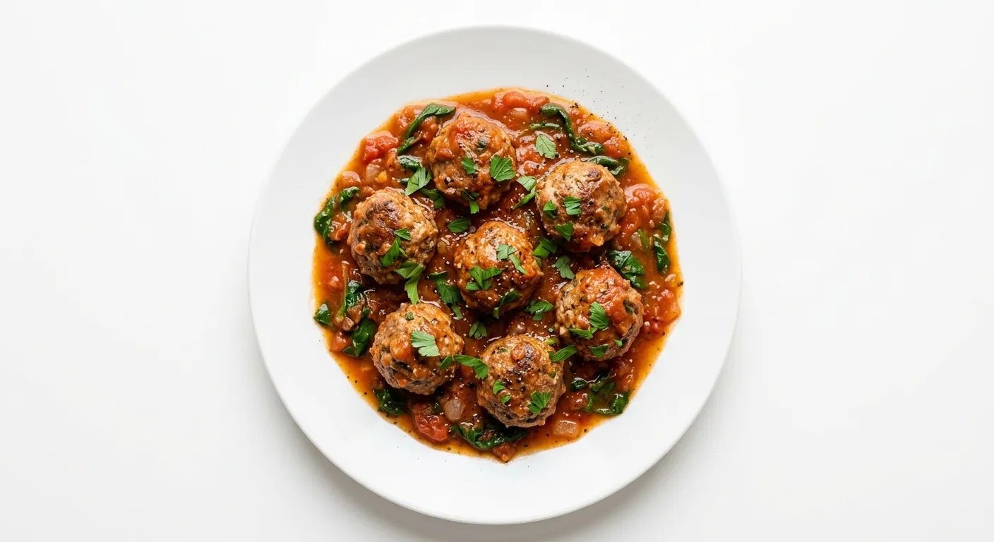 Albóndigas de carne con salsa de tomate y espinacas