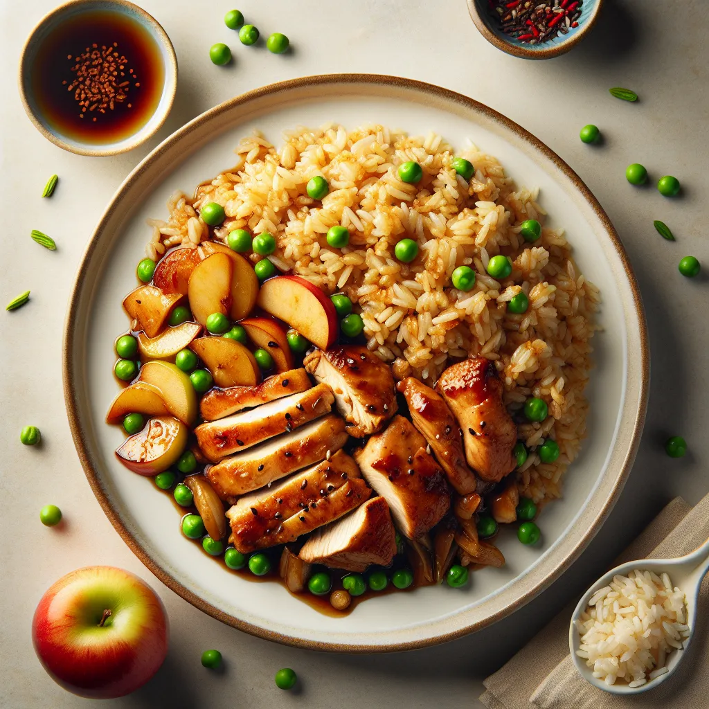 Asian Stir-Fried Chicken with Tinned Peas and Apple Rice Cups