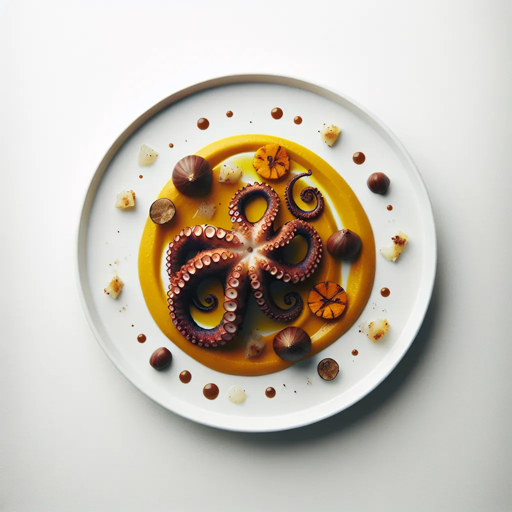 Autumnal Grilled Octopus with Pumpkin and Chestnut Puree