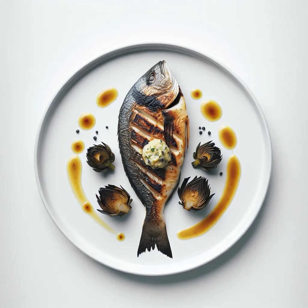 Autumnal Grilled Sea Bream with Black Garlic and Jerusalem Artichoke Puree