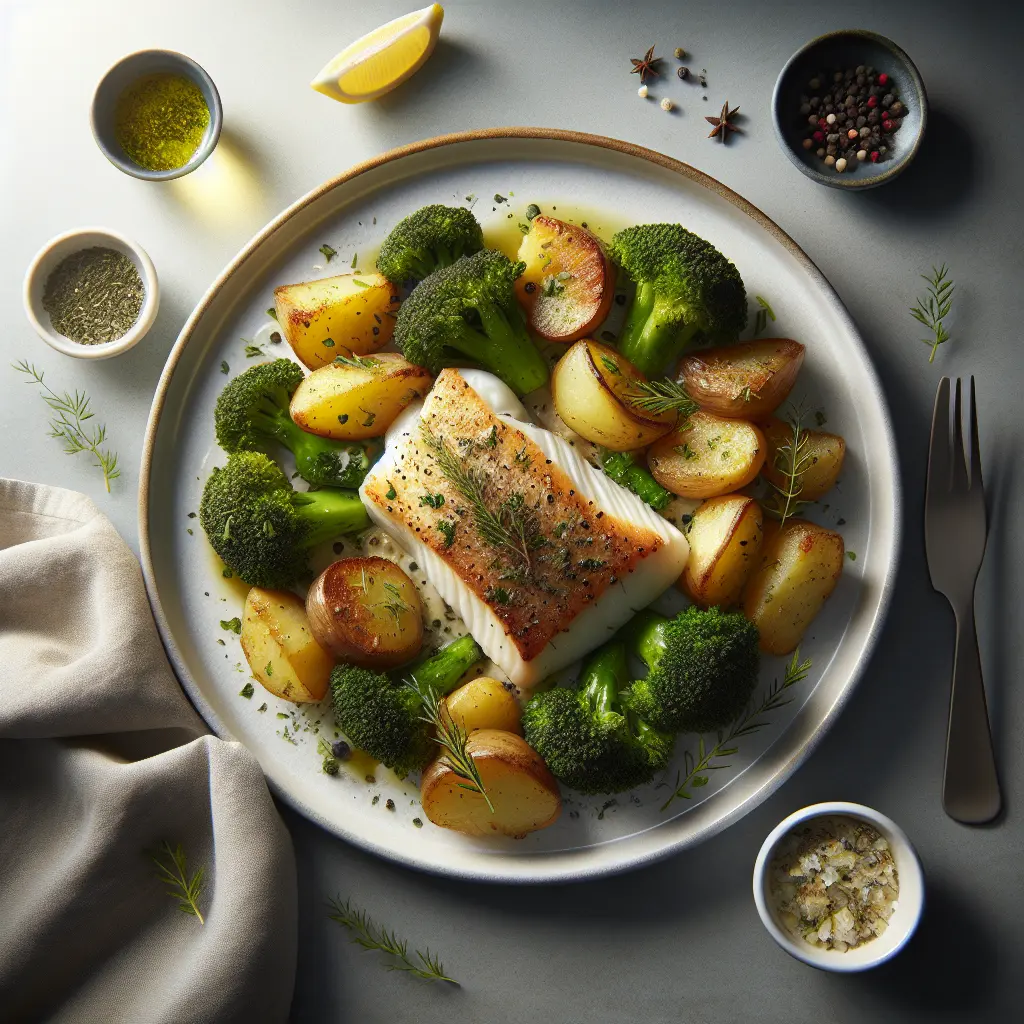 Baked Cod with Herb-Crusted Potatoes and Steamed Broccoli
