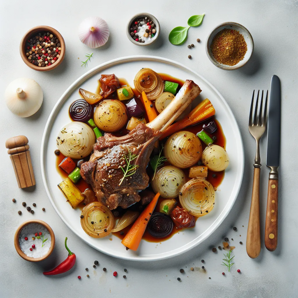 Braised Lamb Shanks with Caramelized Onions and Seasonal Vegetables