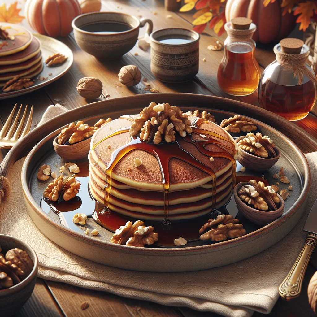 Autumn Breakfast Pancakes with Maple Syrup and Walnuts