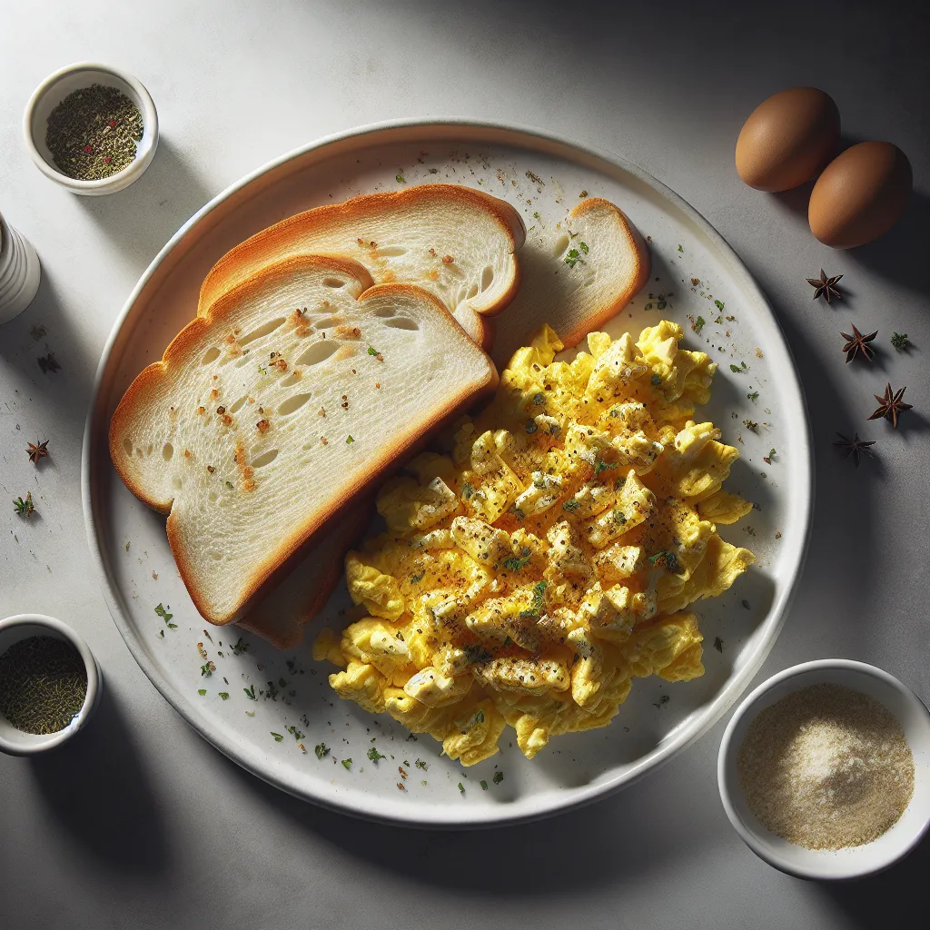 Breakfast with White Bread and Scrambled Eggs with Herbs