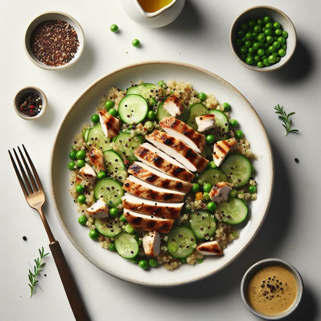 Cucumber and Pea Quinoa Salad with Grilled Chicken