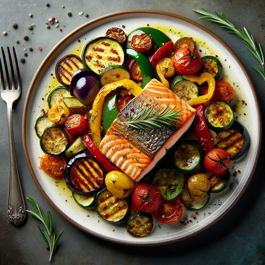 Filet de saumon grillé avec légumes rôtis
