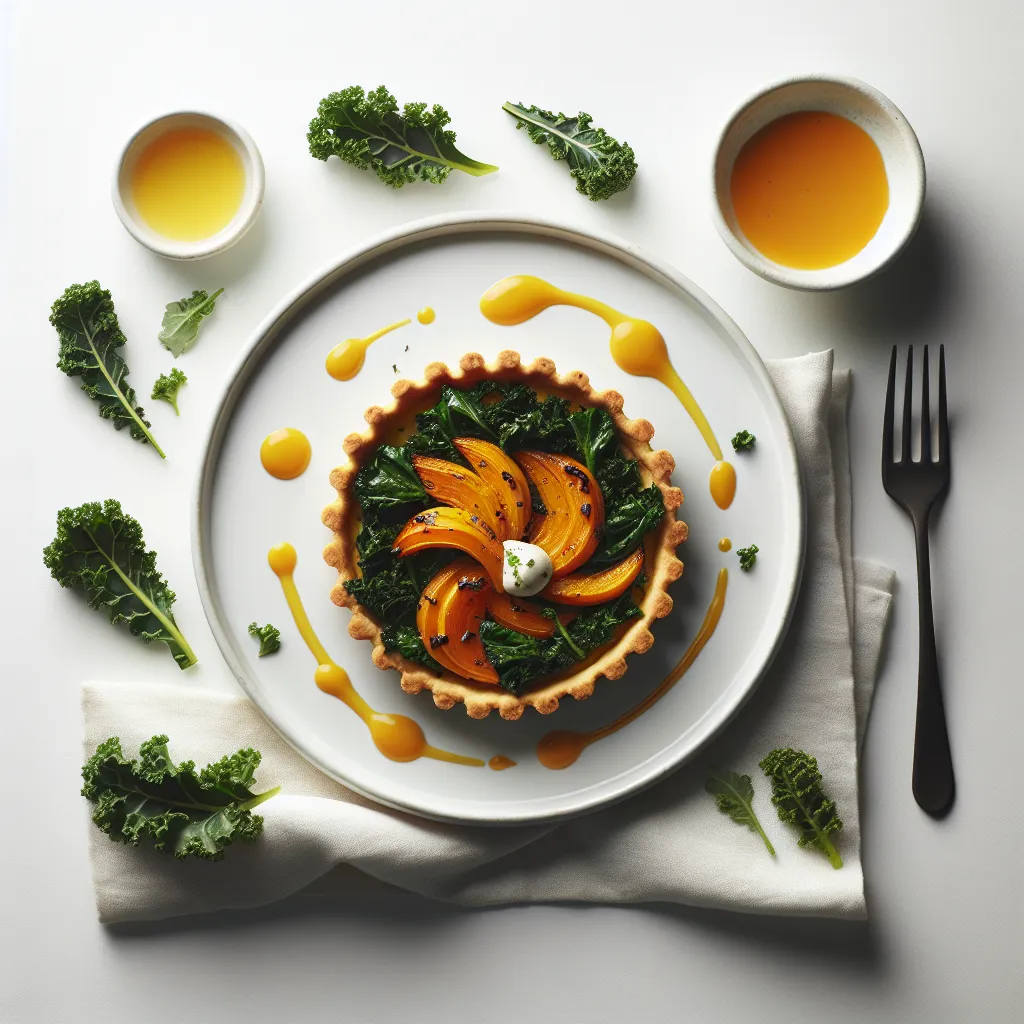 Fine Dining Roasted Butternut Squash and Kale Tart with Caramelized Onions