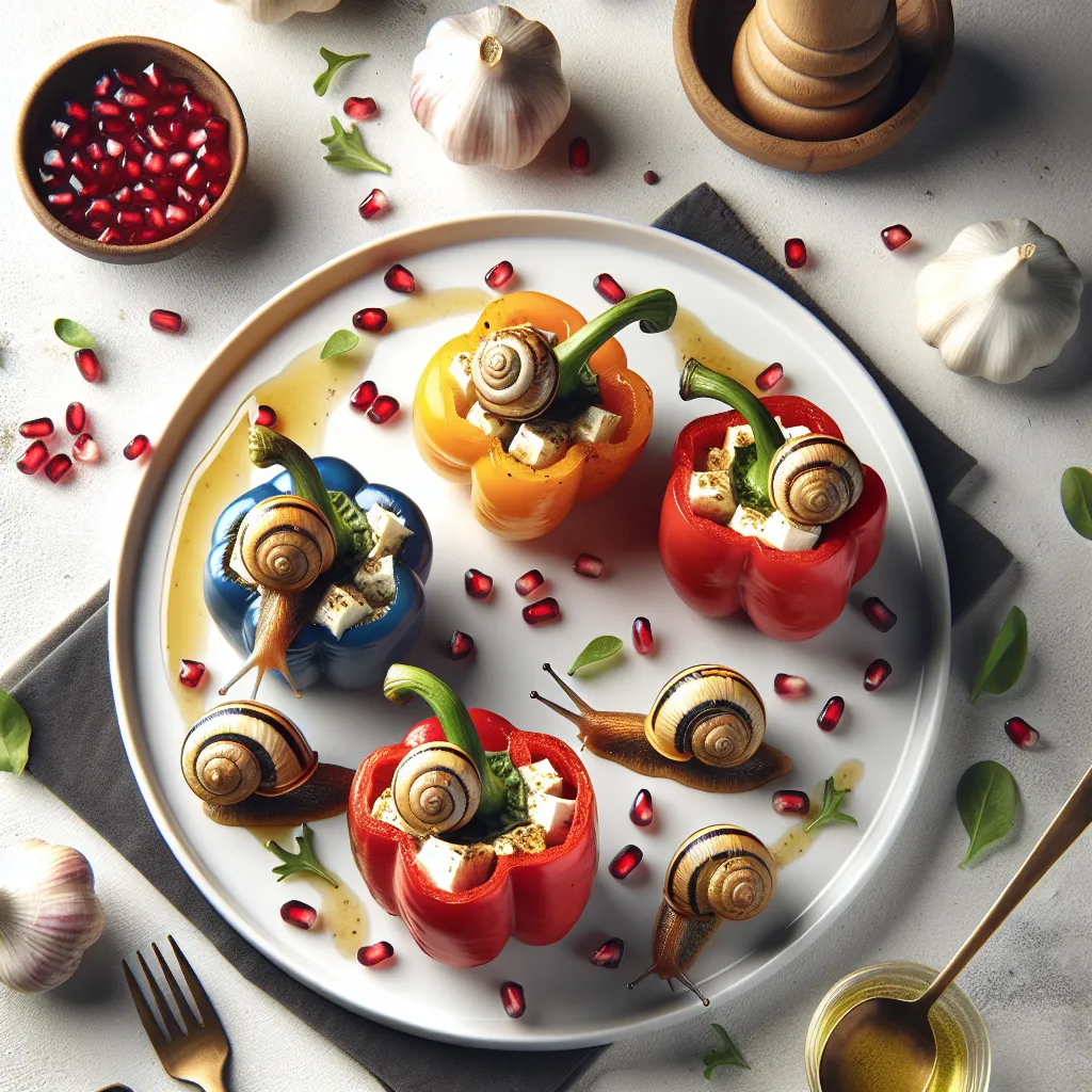 Goat Cheese and Snail Stuffed Bell Peppers with Pomegranate Glaze