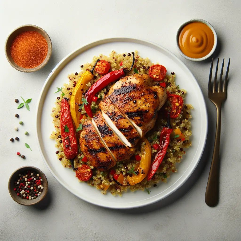 Spicy Grilled Chicken with Roasted Pepper and Quinoa Pilaf