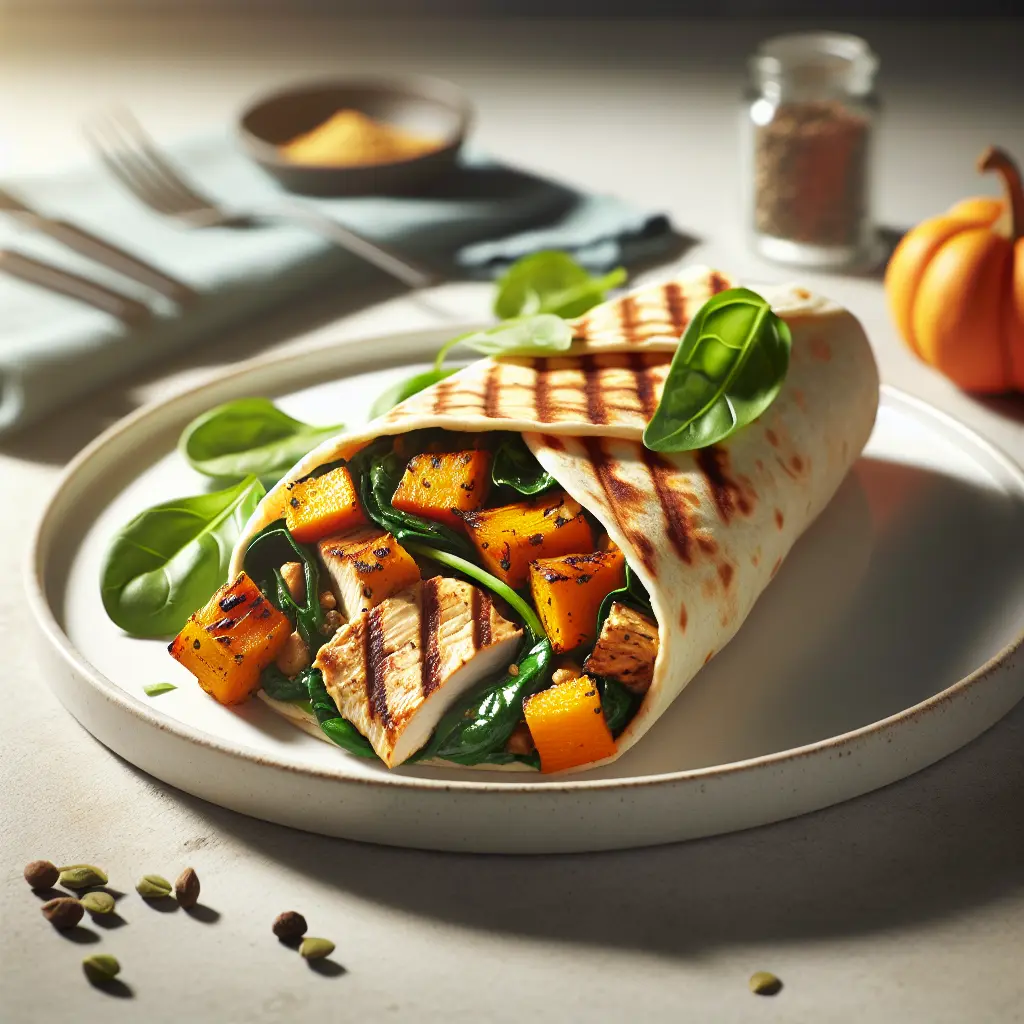 Grilled Chicken Wrap with Roasted Pumpkin and Spinach