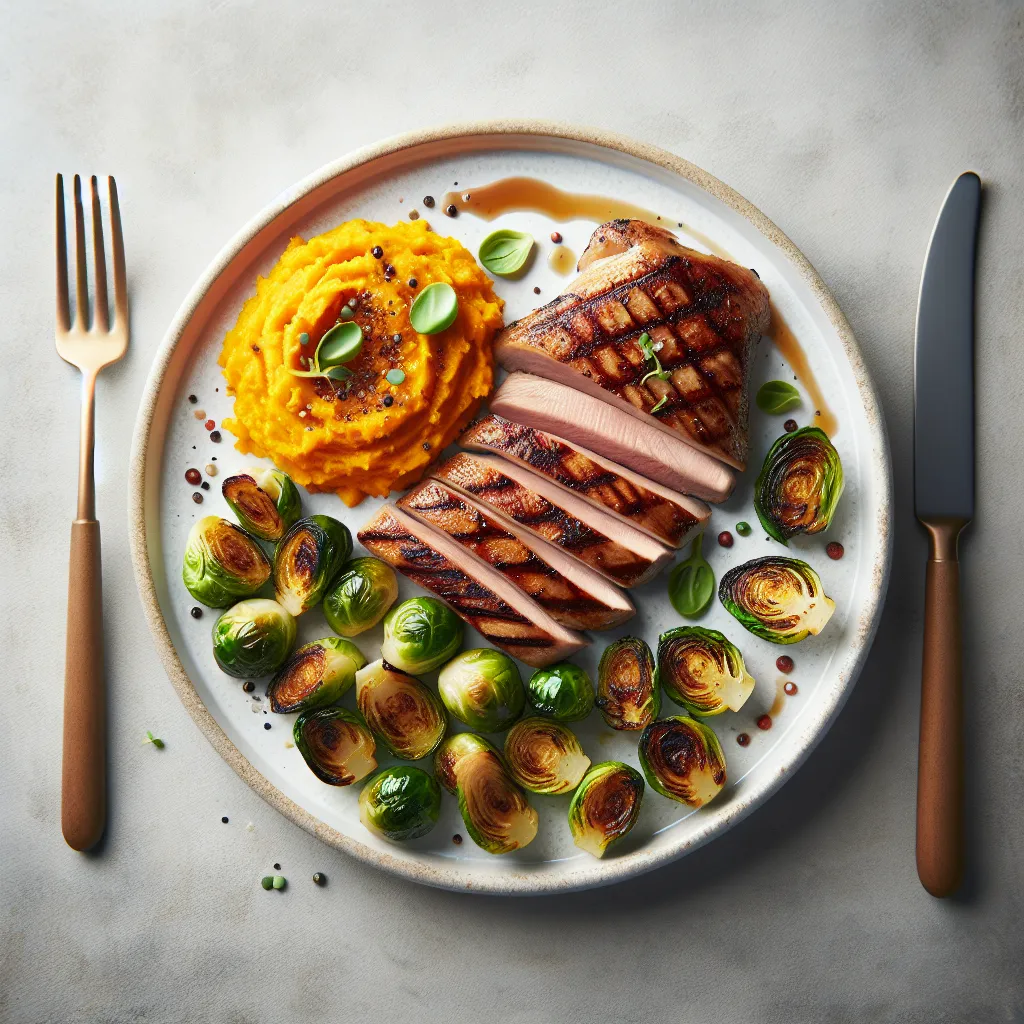 Grilled Duck Breast with Roasted Brussels Sprouts and Sweet Potato Mash
