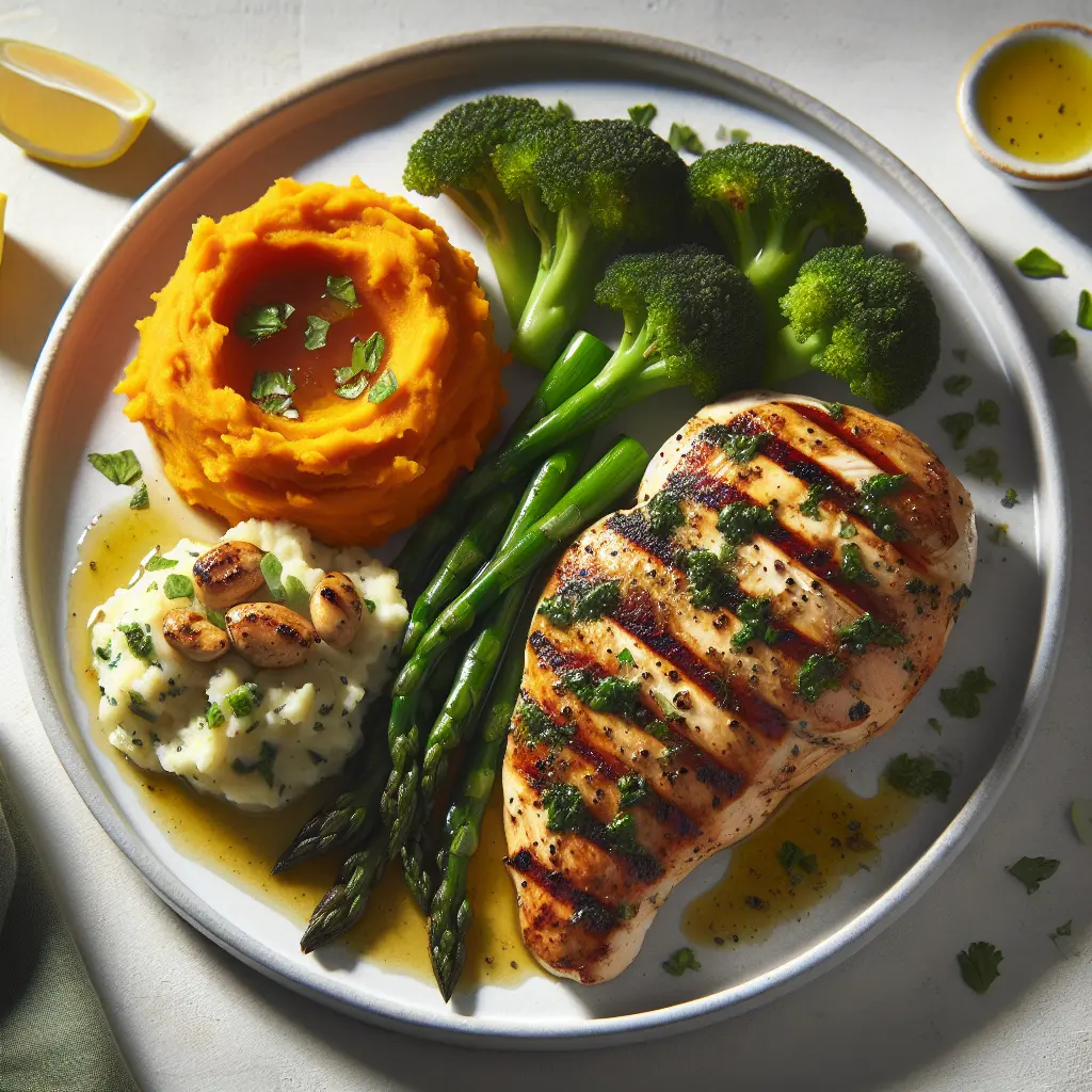 Grilled Lemon Herb Chicken with Sweet Potato Mash and Steamed Broccoli