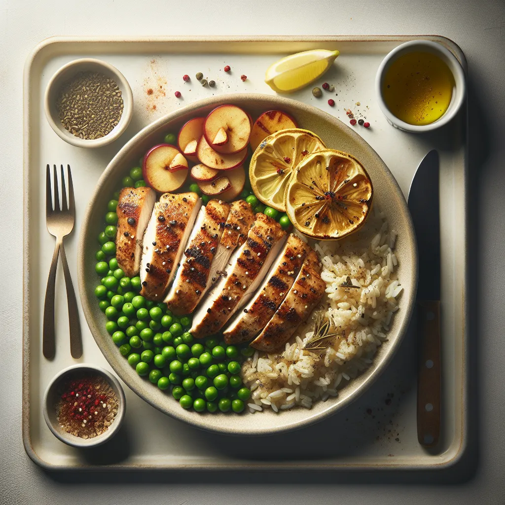 Grilled Lemon Herb Chicken with Tinned Peas and Apple Rice Cups