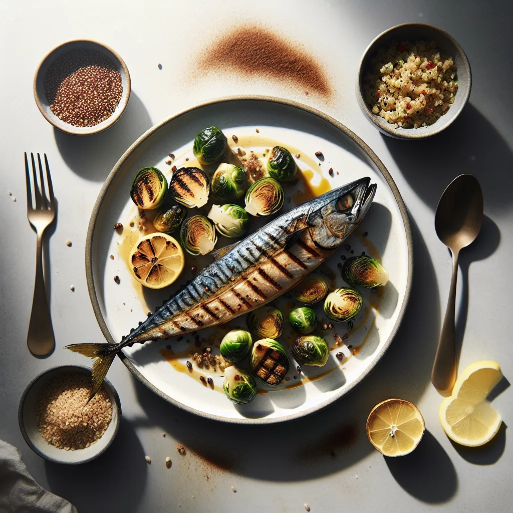 Grilled Mackerel with Roasted Brussels Sprouts and Quinoa