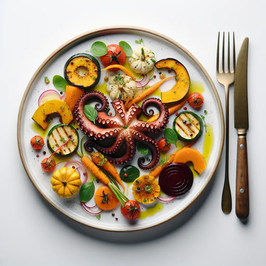 Grilled Octopus with Autumn Vegetables and Herb Vinaigrette