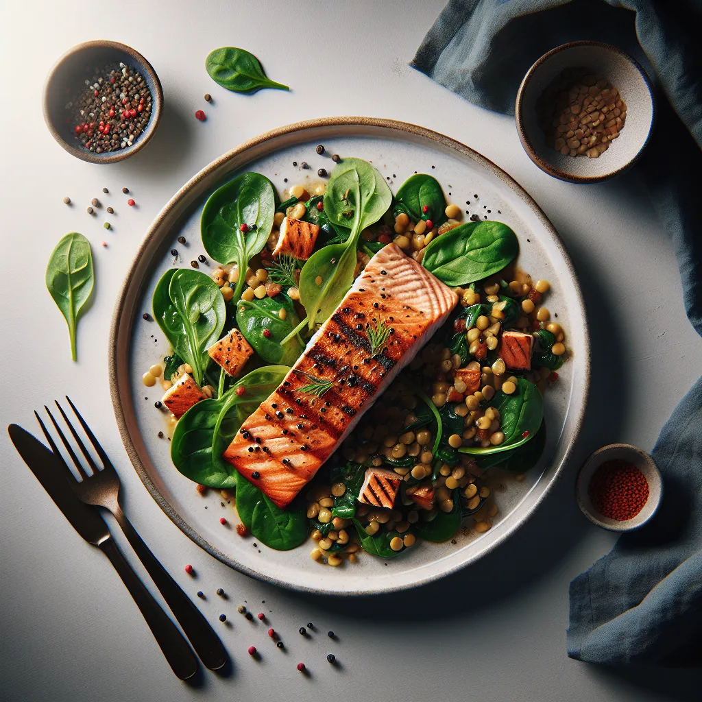 Saumon grillé avec salade de lentilles et légumes