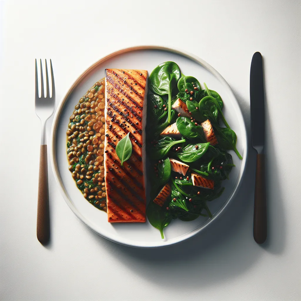 Spicy Grilled Salmon with Sautéed Spinach and Lentils