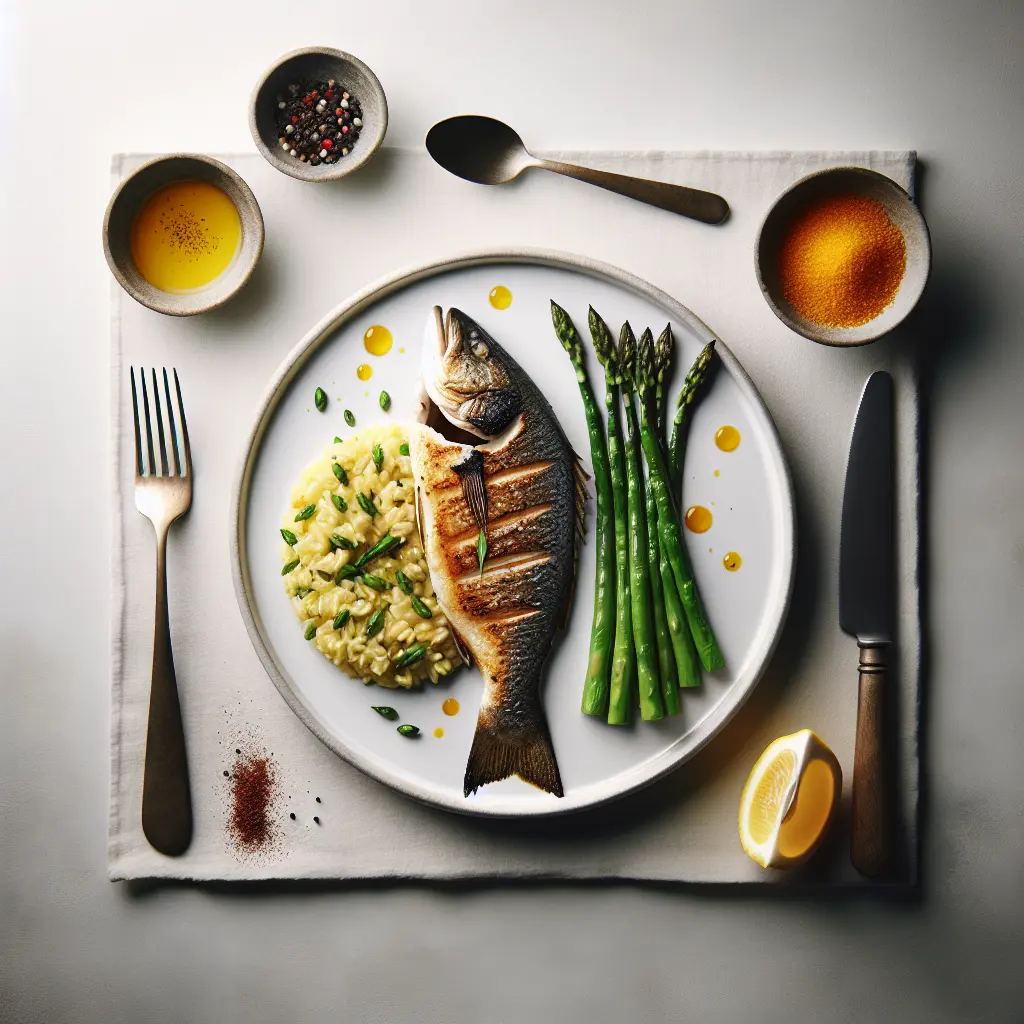 Grilled Sea Bass with Saffron Risotto and Asparagus