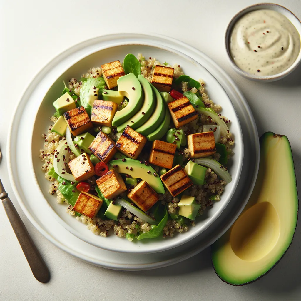 Grilled Tofu and Quinoa Salad with Avocado Dressing
