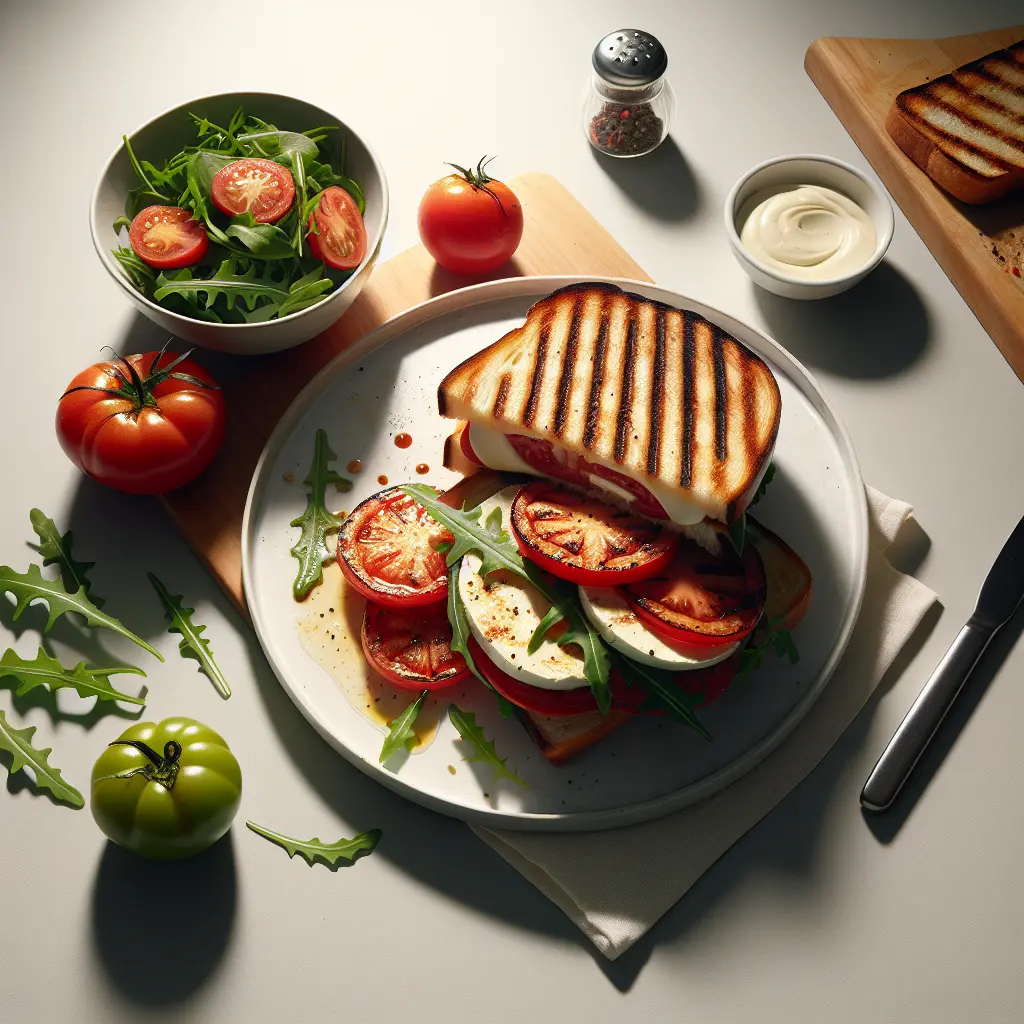 Grilled Tomato and Mozzarella Sandwich with Arugula Salad
