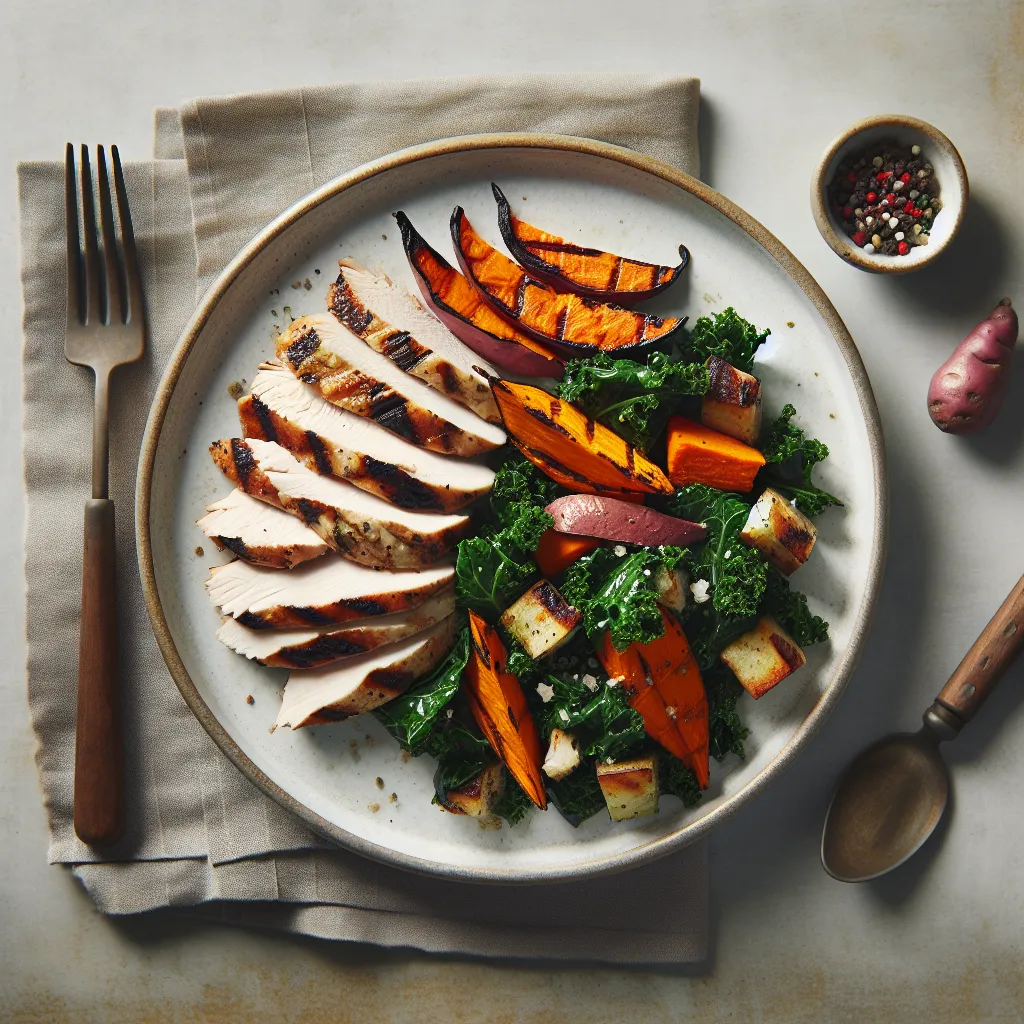 Grilled Turkey with Roasted Sweet Potato and Kale Salad
