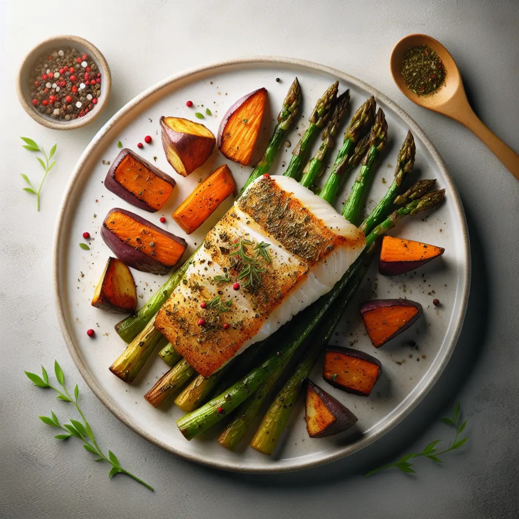 Herb-Crusted Baked Cod with Roasted Sweet Potatoes and Asparagus