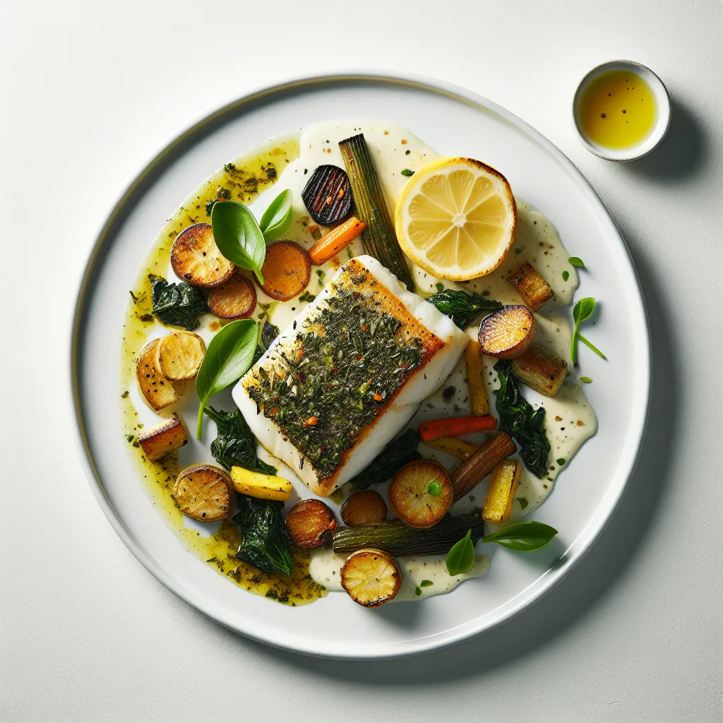 Herb-Crusted Cod with Roasted Root Vegetables and Lemon Beurre Blanc