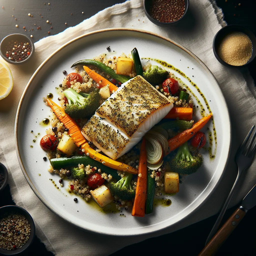 Herb-Crusted Halibut with Quinoa and Roasted Vegetables