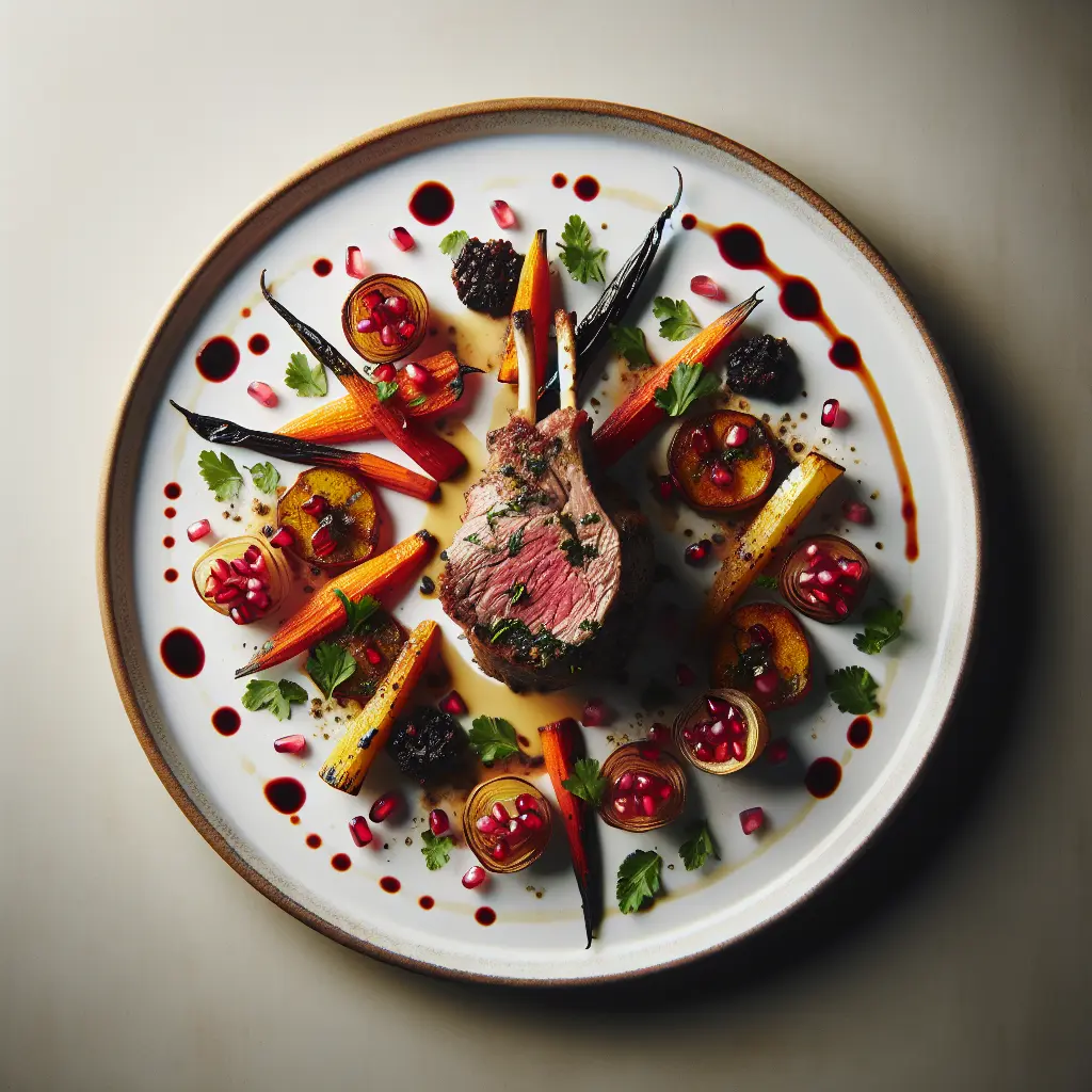 Herb-Crusted Lamb with Pomegranate Reduction and Roasted Root Vegetables