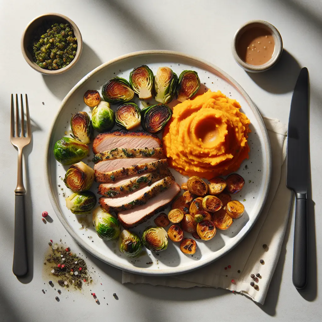 Autumn Herb-Crusted Pork Tenderloin with Roasted Brussels Sprouts and Sweet Potato Mash