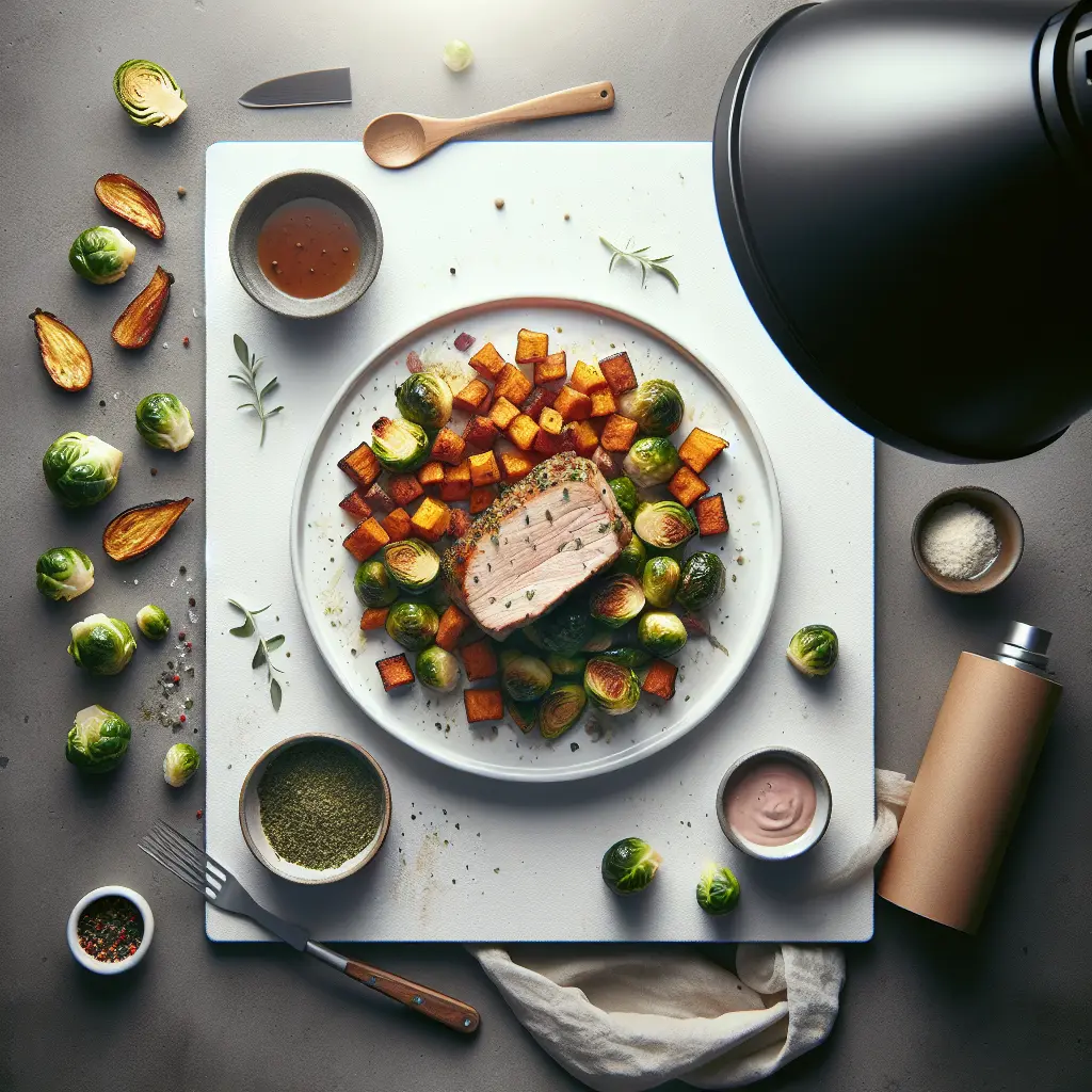 Herb-Crusted Pork Tenderloin with Roasted Brussels Sprouts and Sweet Potatoes