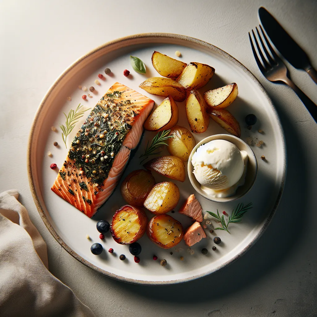 Herb-Crusted Salmon with Roasted Potatoes and Vanilla Ice Cream