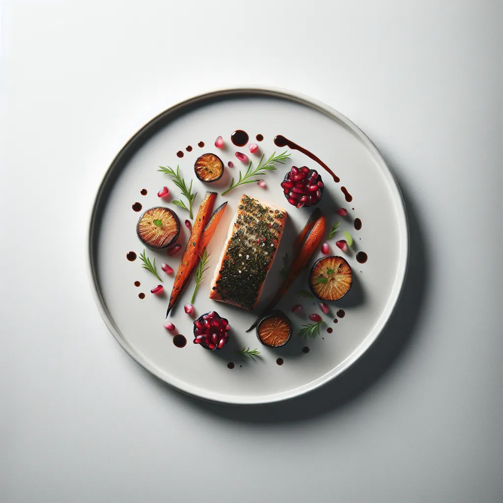 Herb-Crusted Salmon with Roasted Root Vegetables and Pomegranate Reduction