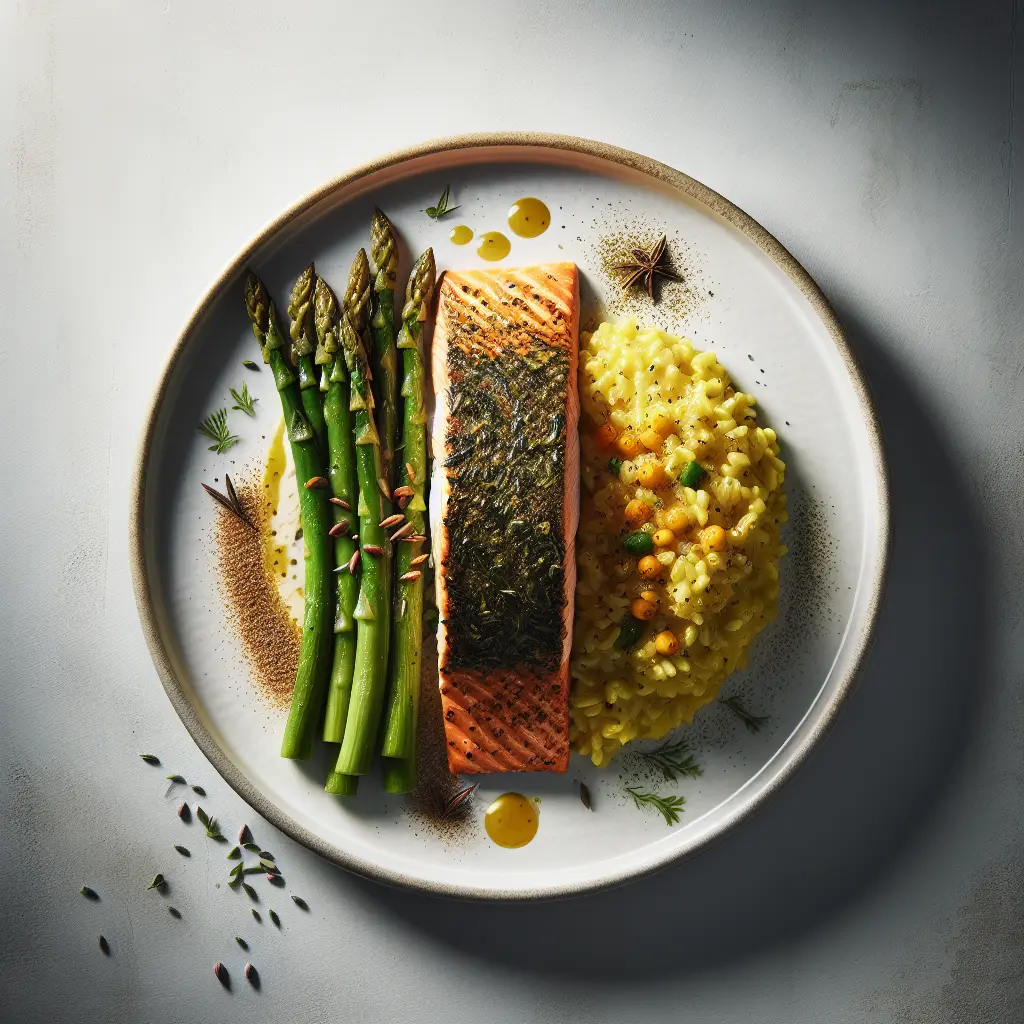 Herb-Crusted Salmon with Saffron Risotto and Asparagus