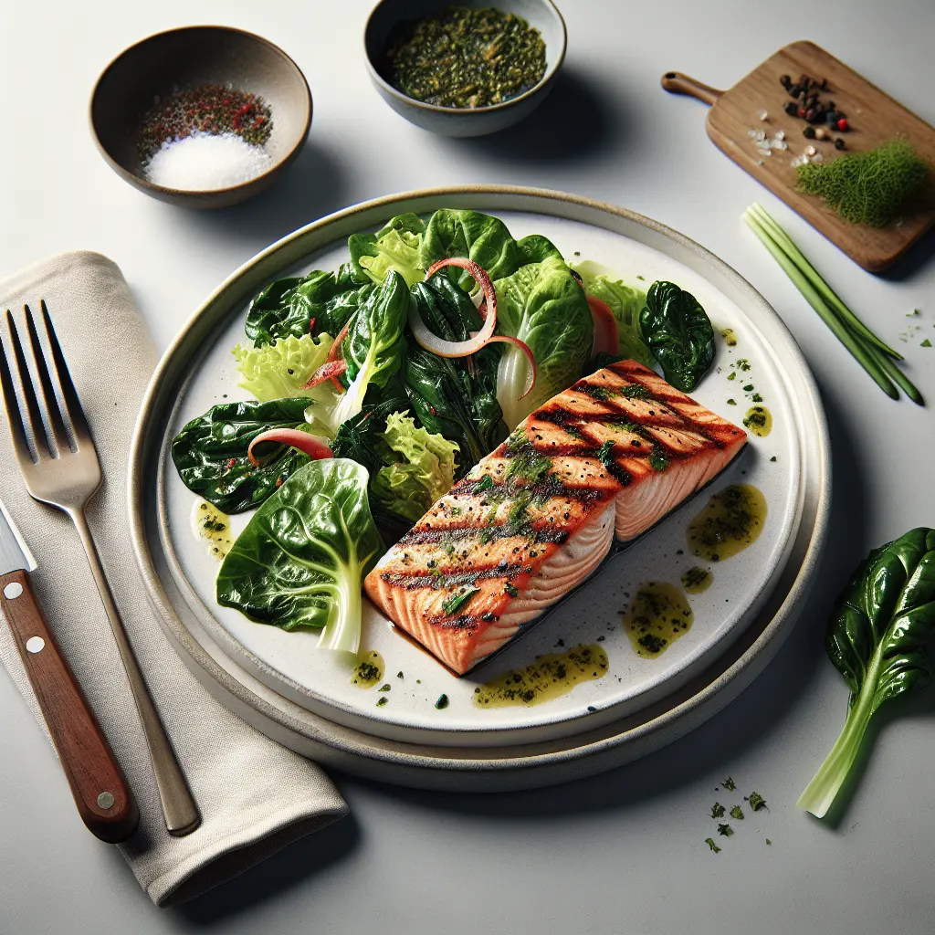 Herb-Infused Grilled Salmon with Swiss Chard and Lettuce Salad
