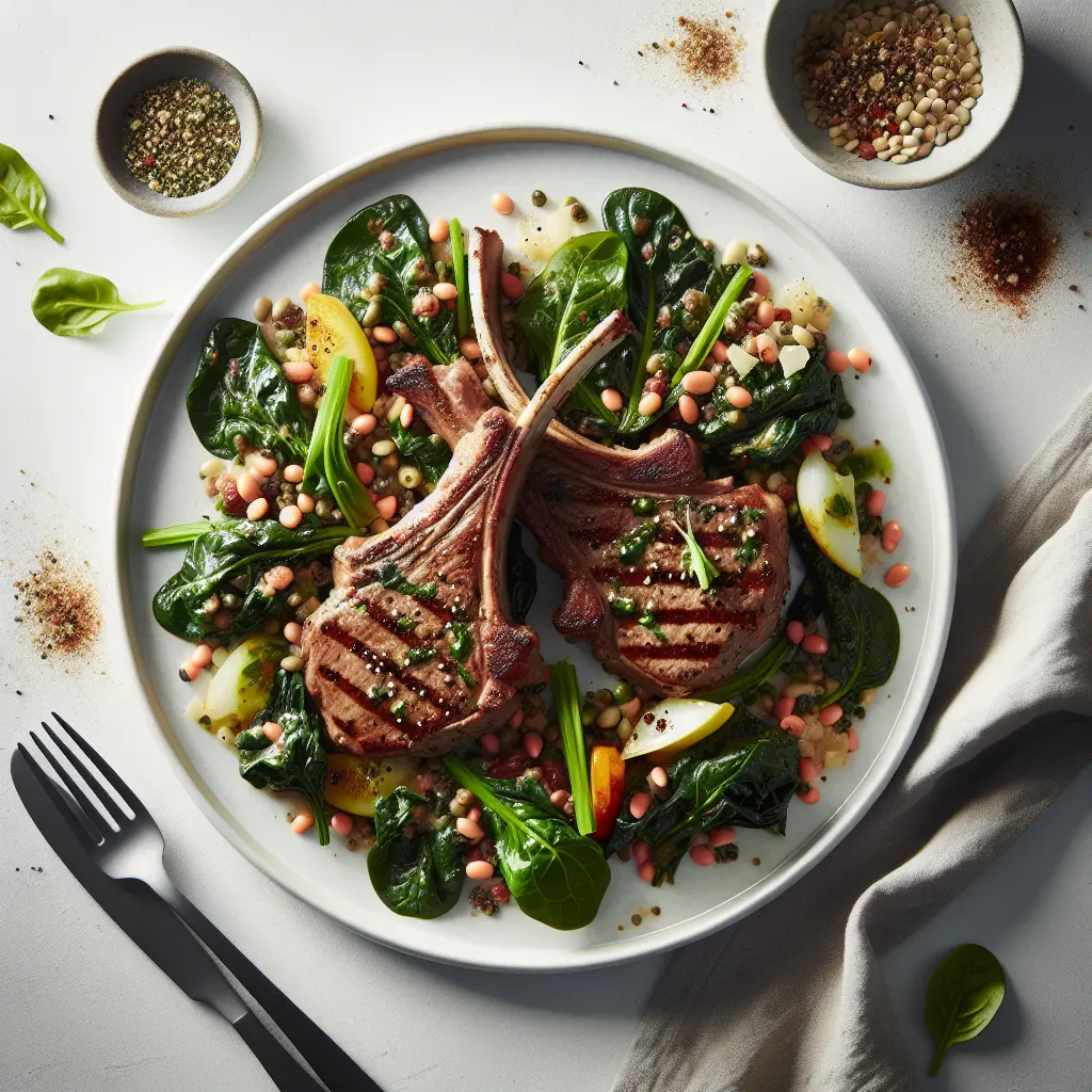 Herb-Marinated Grilled Lamb Chops with Swiss Chard and Lentil Salad