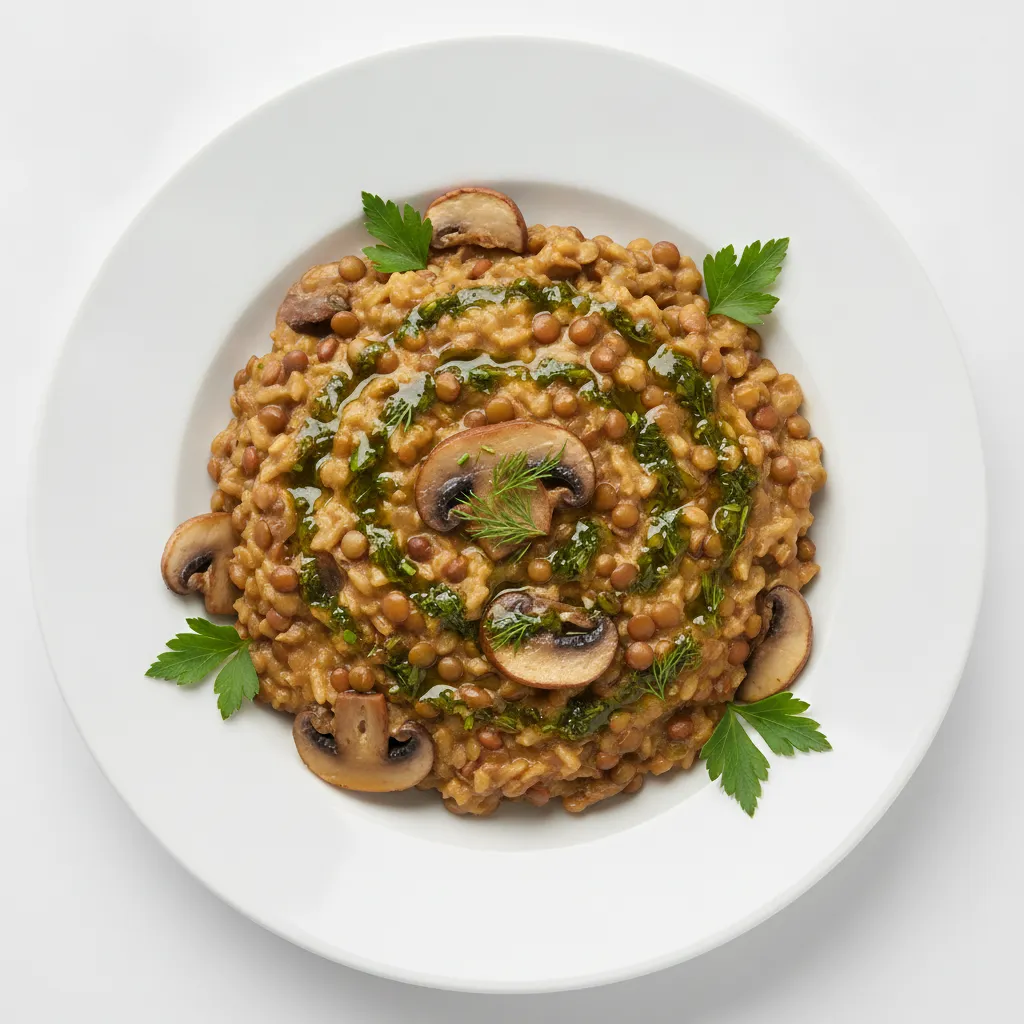 Lentil and Mushroom Risotto with Herb-Infused Olive Oil