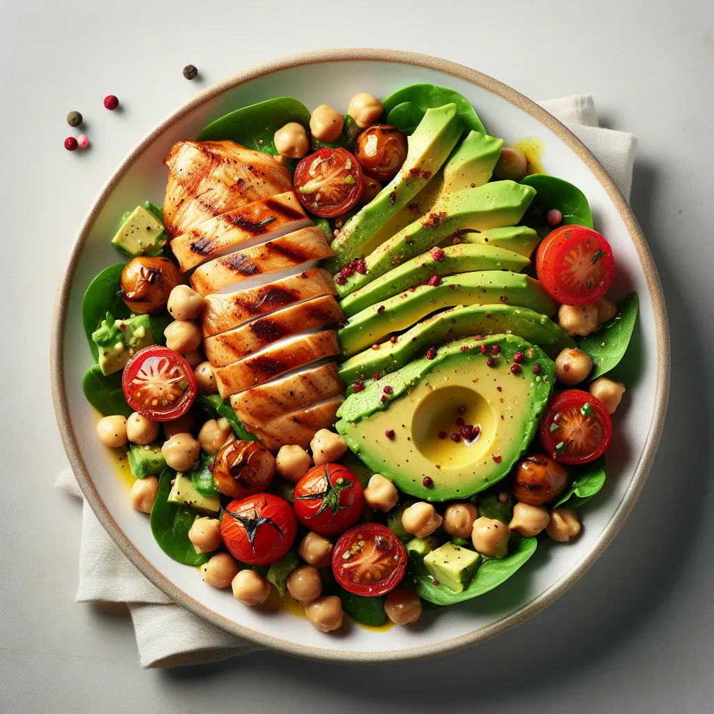 Mediterranean Chickpea and Avocado Salad with Grilled Chicken