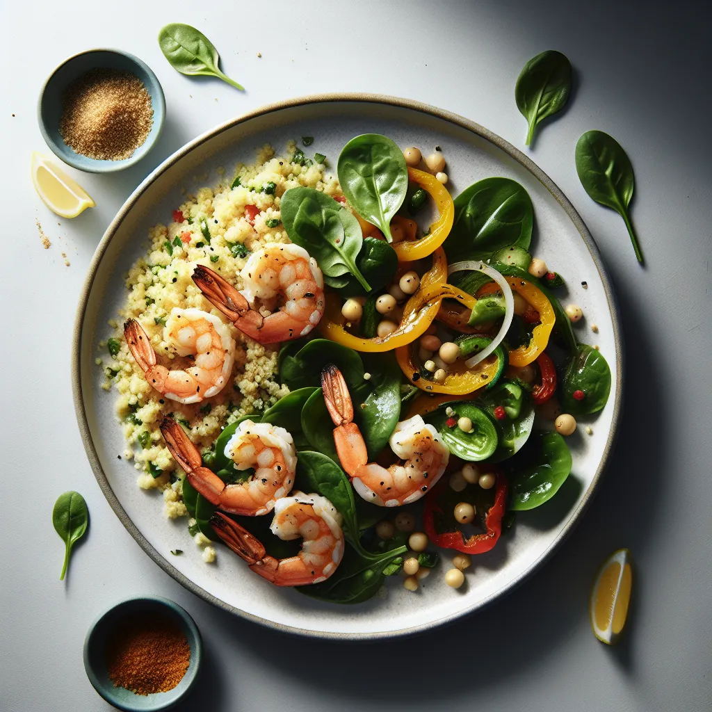 Mediterranean Grilled Shrimp with Couscous and Spinach Salad