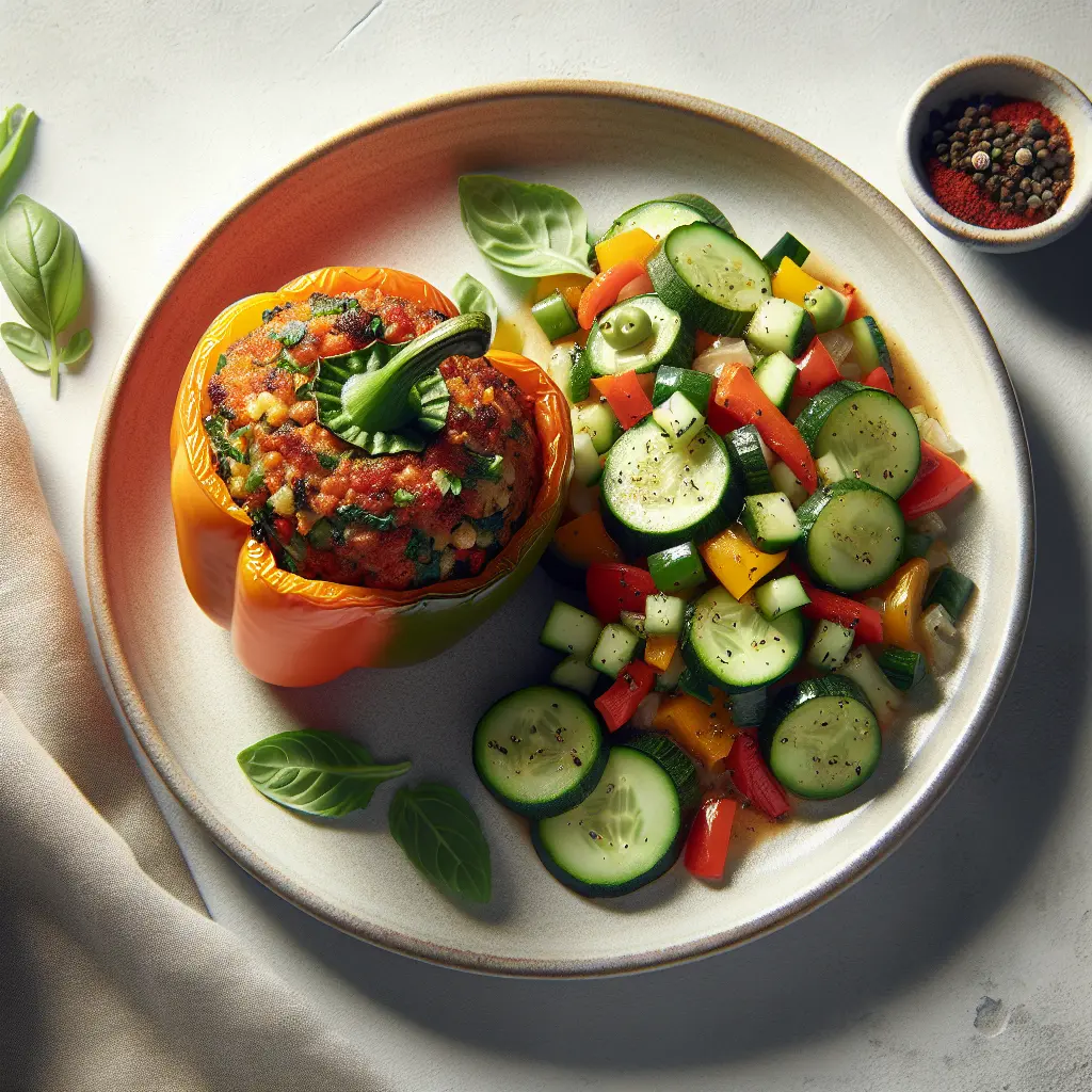 Mediterranean Stuffed Bell Pepper with Cucumber and Zucchini Salad