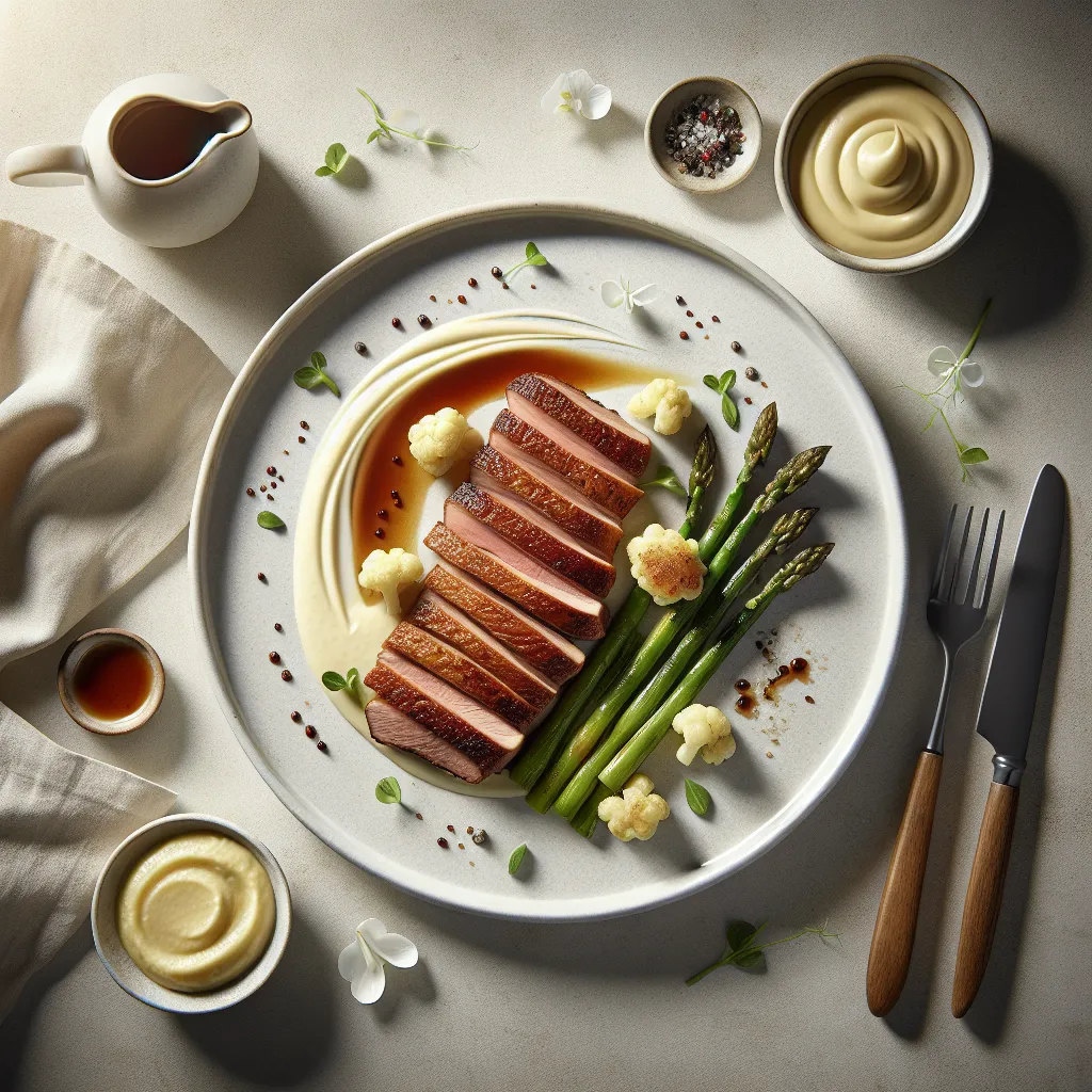 Pan-Seared Duck Breast with Cauliflower Purée and Asparagus