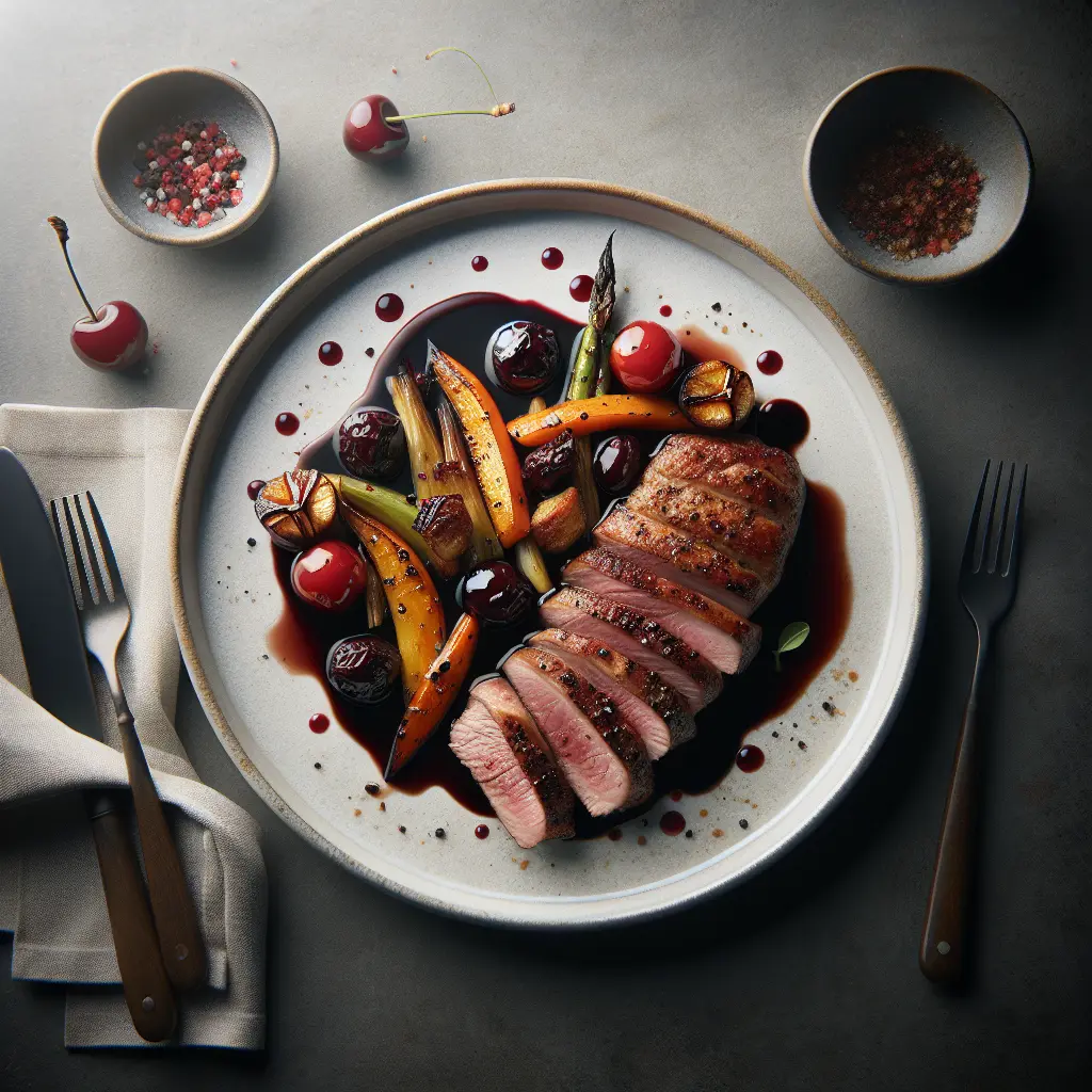 Pan-Seared Duck Breast with Cherry Gastrique and Roasted Vegetables