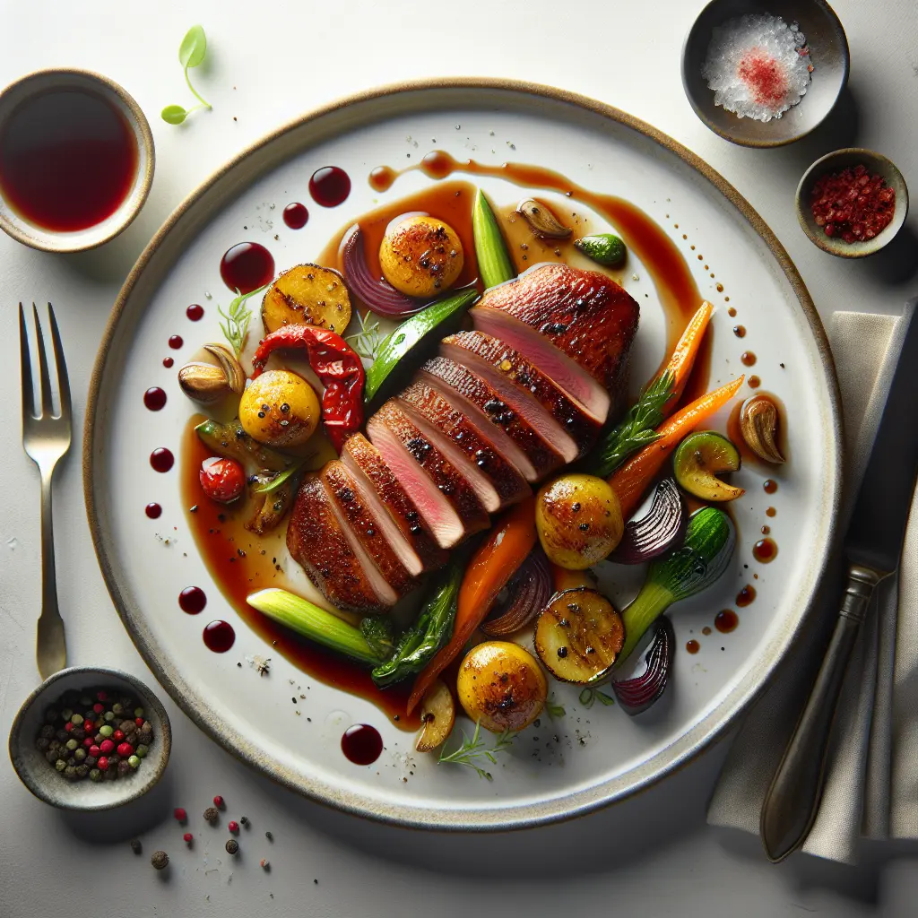 Pan-Seared Duck Breast with Red Wine Reduction and Seasonal Vegetables