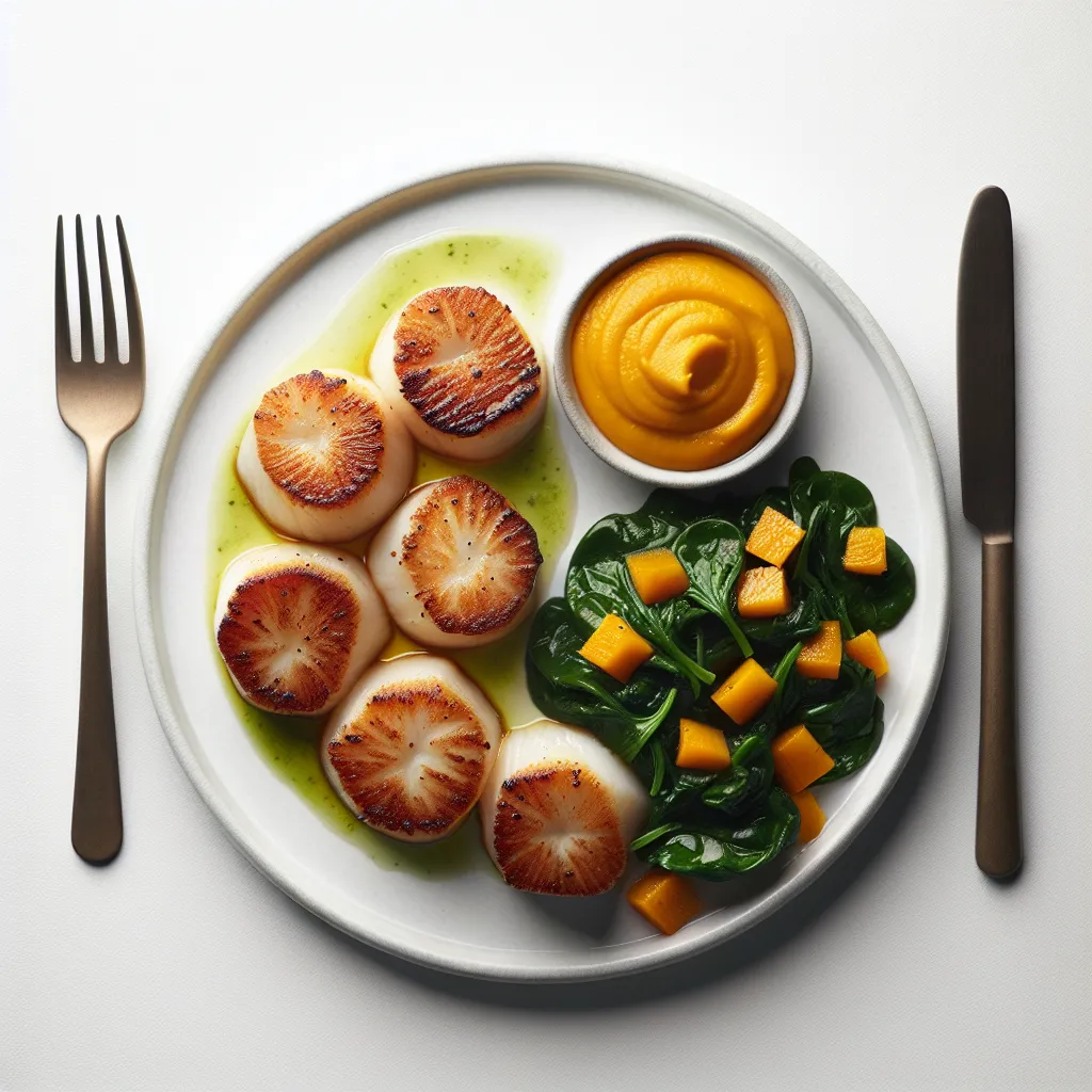 Pan-Seared Scallops with Butternut Squash Purée and Sautéed Spinach