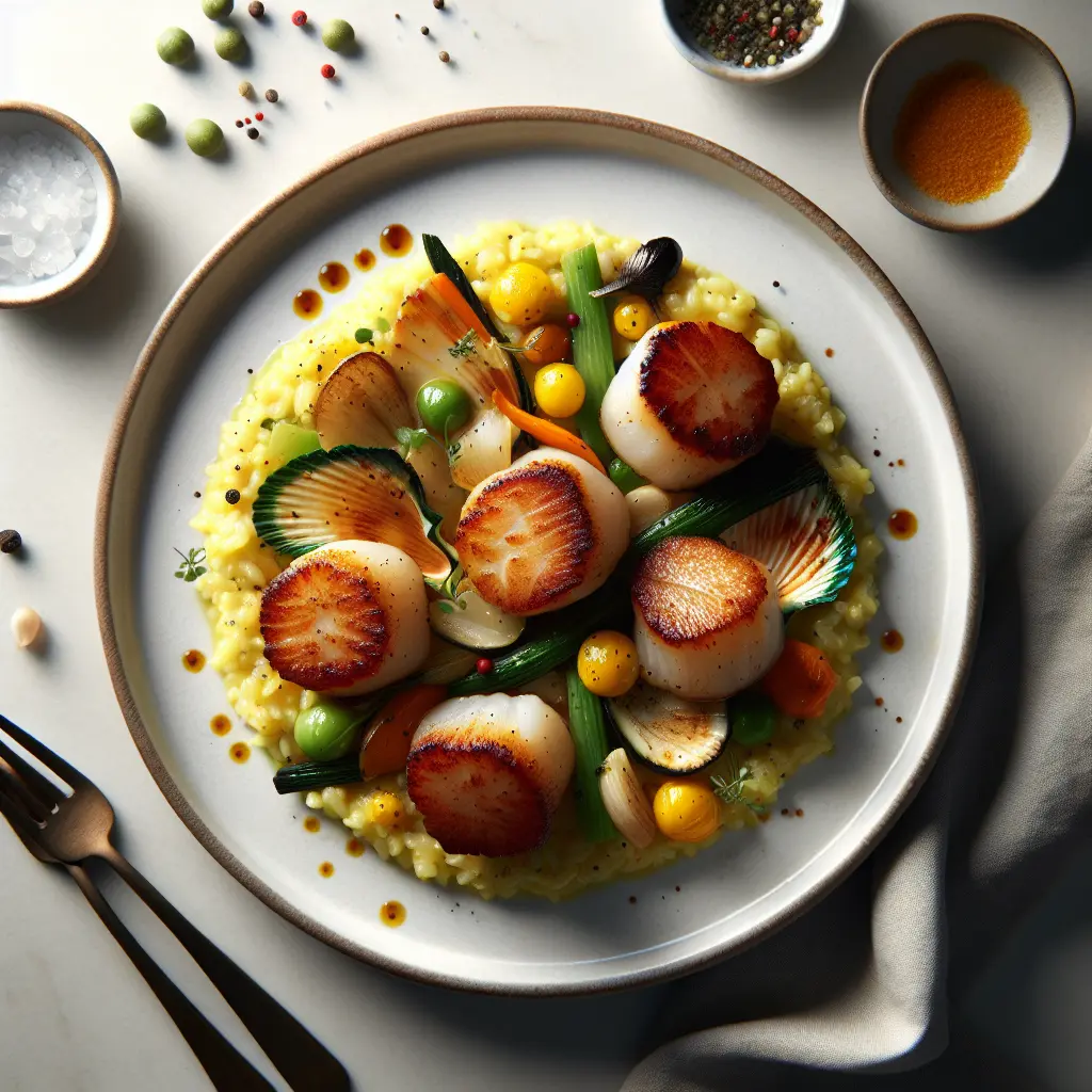 Pan-Seared Scallops with Saffron Risotto and Seasonal Vegetables