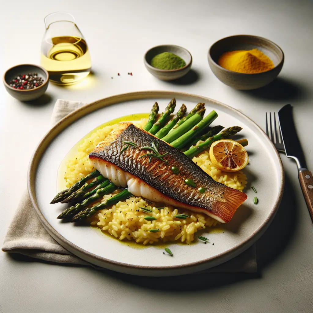 Pan-Seared Sea Bass with Saffron Risotto and Asparagus