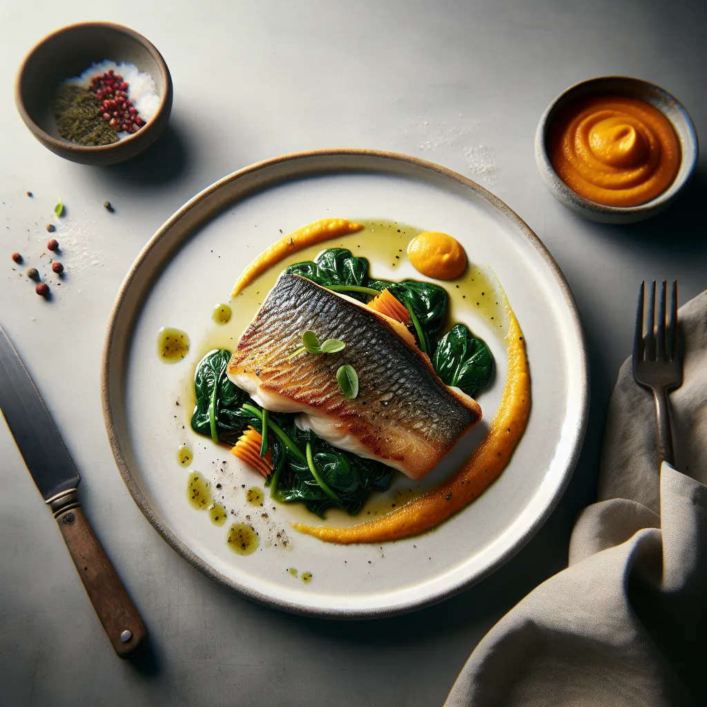 Pan-Seared Sea Bass with Sautéed Spinach and Carrot Purée