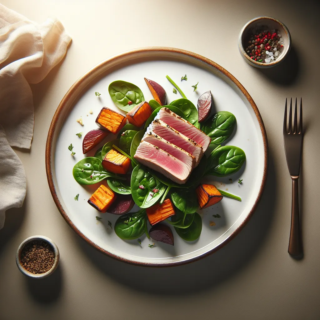 Pan-Seared Tuna with Roasted Sweet Potato and Spinach Salad