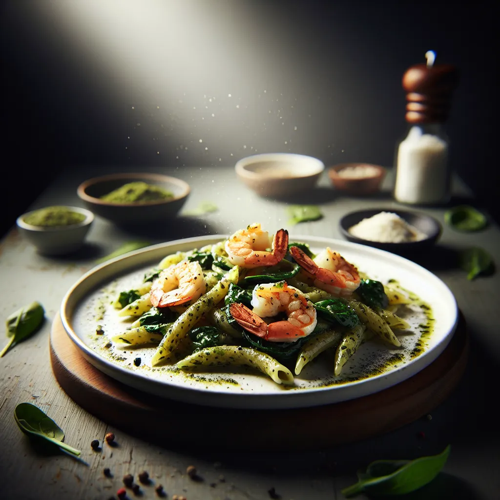 Pesto Pasta with Grilled Shrimp and Spinach