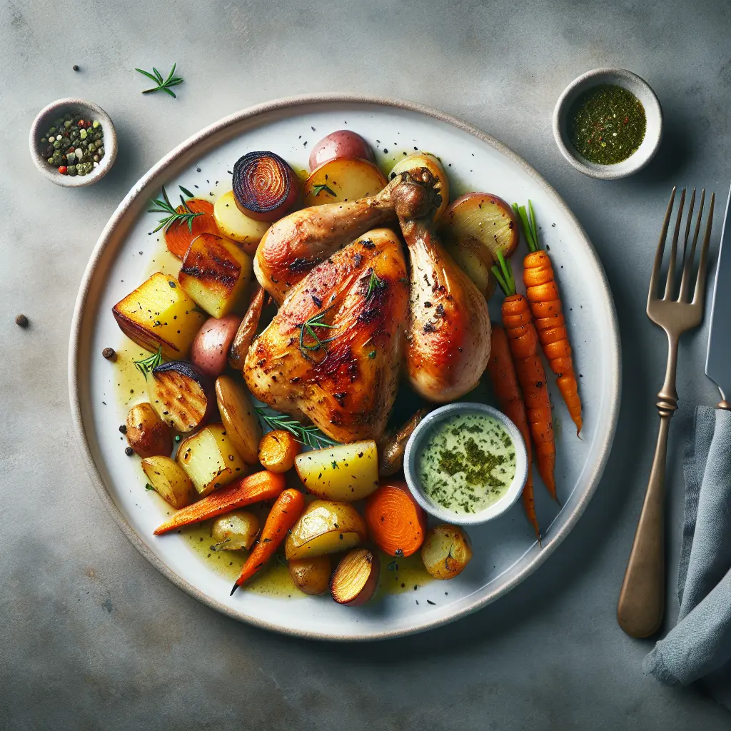 Roasted Chicken with Autumn Root Vegetables and Herb Sauce